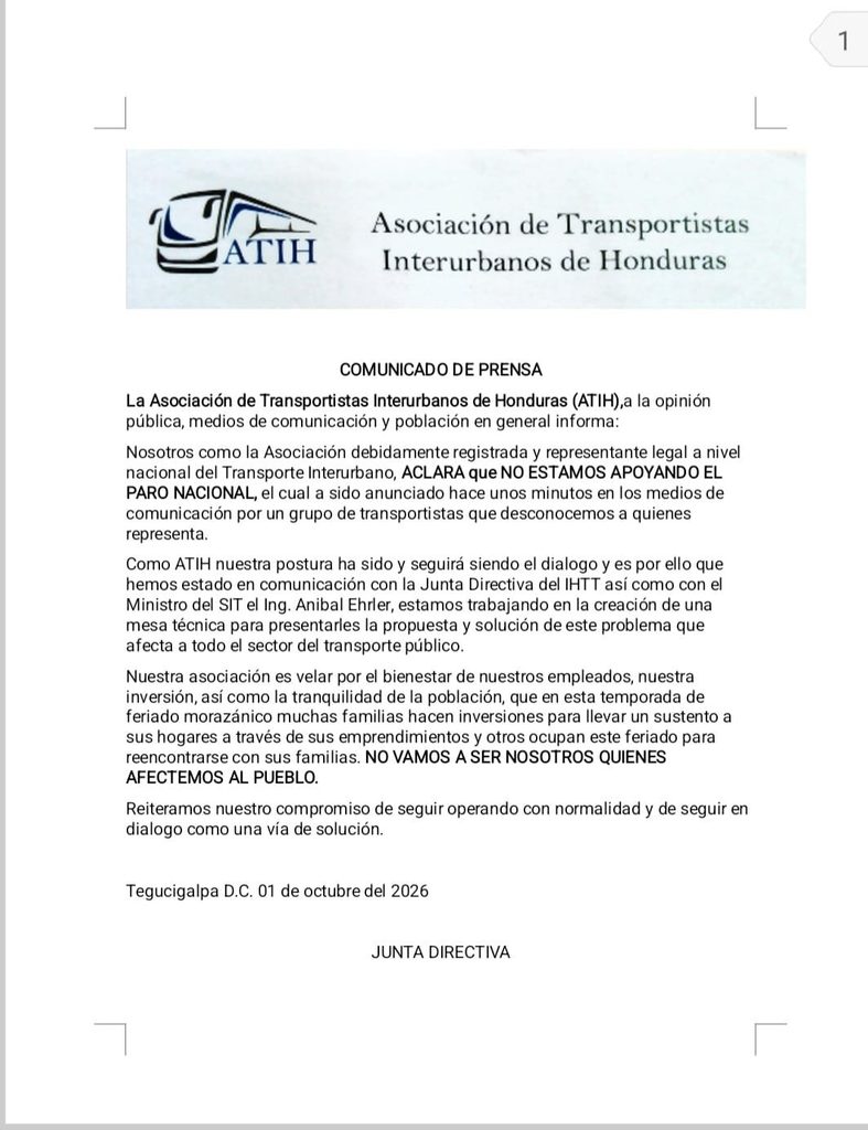 La Asociación de Transportistas Interurbanos de Honduras (ATIH) en su comunicado official